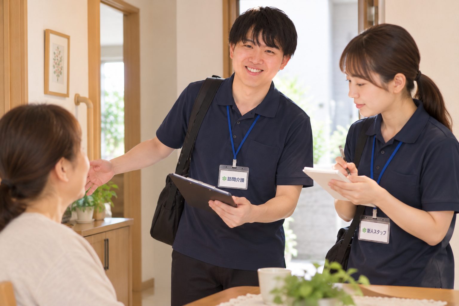 先輩スタッフと並んで支援の準備をする新人スタッフ